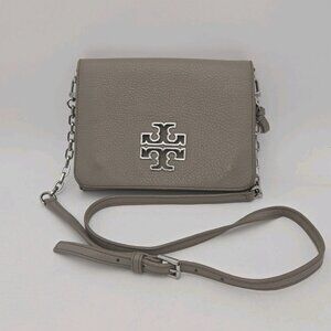 Tory Burch Britten Leather Combo Crossbody Handbag Gray Britain Britton Chain C
